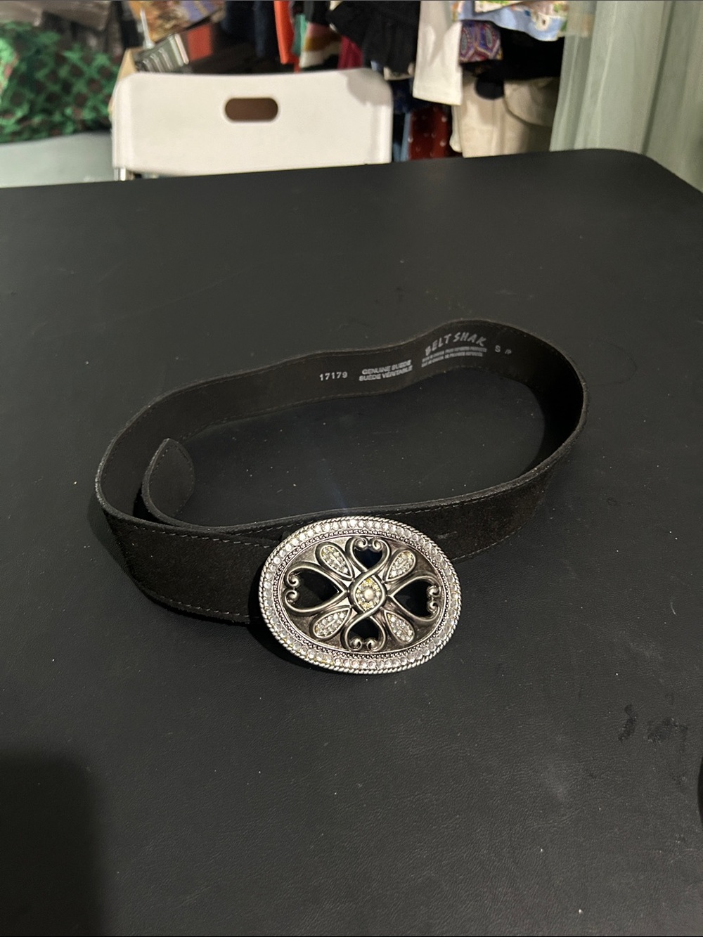 Black Belt with Ornate Silver Oval Buckle genuine suede size small
